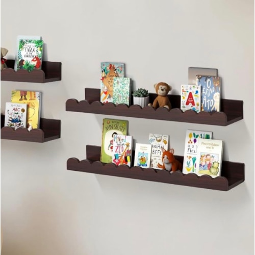 Walnut Scalloped Book Shelf, Dark Wood Nursery Book Shelves Set of 2 Pine Wooden Floating Bookshelf for Wall Cloud Picture Ledge Shelf for Kids Bedroom Baby Child Toddler Room Kitchen(90cm)