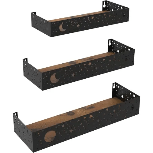 Moon and Stars Wall Shelves Black, Set of 3 Small Floating Shelves for Bedroom Living Room Wall Storage or Decor, Brown Board