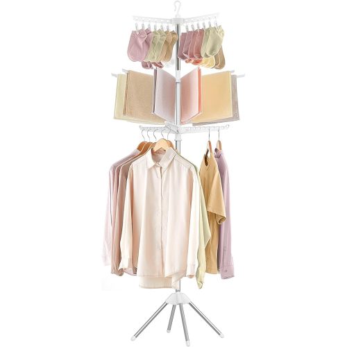 SONGMICS 3-Tier Clothes Drying Rack, 82.7-Inch Folding Laundry Drying Rack with 11 Rotatable Arms for Hangers, 24 Clips, Stainless Steel, for 27 Pieces of Clothes, White and Silver ULLR513W01