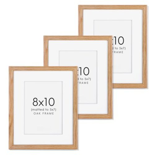 3 Pack 8x10 Oak Wood Picture Frame with Real Glass & Mat for Room Display
