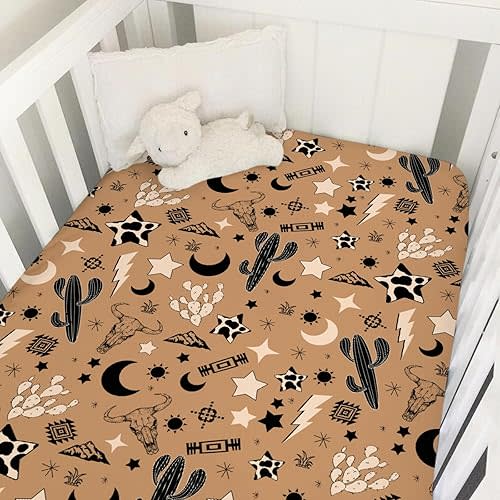 Vintage Western Cowboy Baby Crib Sheet 52''x28'' Retro Cow Skull Cactus Sun Moon Stars Snug Fitted Crib Mattress Cover for Boy Girl Wild Plants Soft Baby Bed Sheet for Standard Crib Toddler Mattress