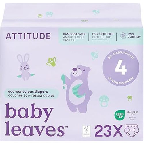 ATTITUDE Eco-Conscious Disposable Diapers, EWG Verified, Size 4 (20-31 lbs), Ultra Absorbent for Baby, Vegan & Plant-Based, 23 Count
