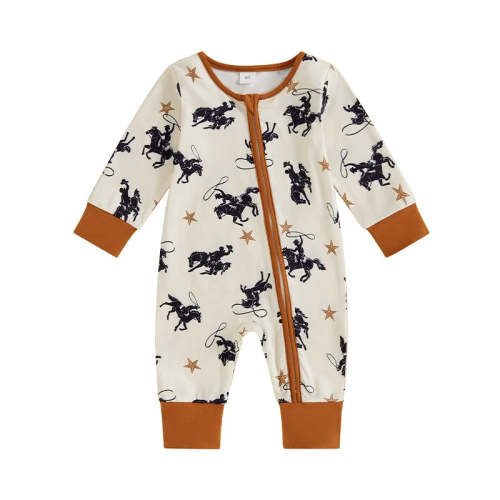 Baby Boy Zipper Romper Casual Western Cowboy Horse Print Long Sleeve J – August + Willow