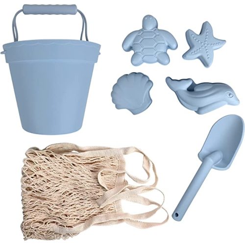 Silicone Beach Toys - Modern Baby Travel Friendly Beach Set | Bucket, Shovel, 4 Sand Molds, Bag | Sand Toys for Toddlers, Kids - 7pc (Dusty Citadel)