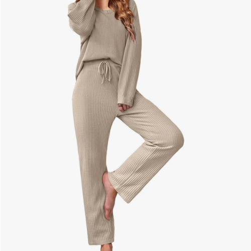 Ekouaer Women's Waffle Knit Pajama Sets Comfy Long Sleeve Lounge Sets 2 Piece Matching Pj Sets with Pockets