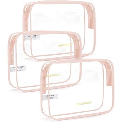 BAGSMART Clear Toiletry Bag, 3 Pack TSA Approved Travel Toiletry bag Carry on Travel Accessories Bag Airport Airline Quart Size Bags Water Repellent Makeup Cosmetic Bag for Women (Nude Pink-3pcs)