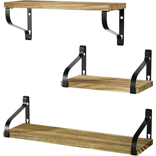 Love-KANKEI Floating Shelves Wall Mounted Set of 3, Rustic Wood Wall Storage Shelves for Bedroom, Living Room, Bathroom, Kitchen, Office and More Carbonized Black