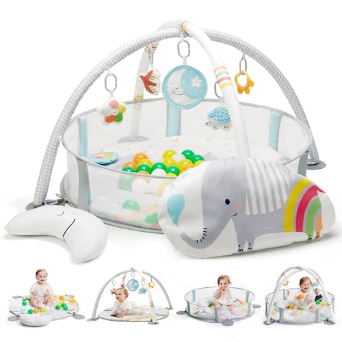 Lupantte 4-in-1 Baby Play Gym, Elephant Fence Exercise Mat with Detachable Anti-Slip Thickening Tummy Time Mat with Sensory Toys for Newborn Infant Toddler to Develop Motor&Cognition,Include 40 Balls
