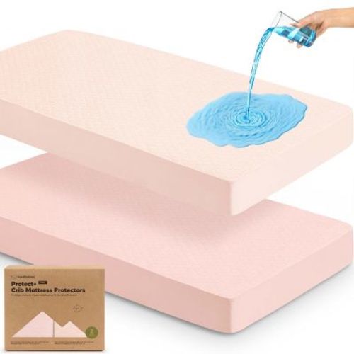 2-Pack Protect+ Waterproof Crib Mattress Protector Covers, Mavy Quilted Cotton Baby Mattress Topper, Toddler Crib Sheets (Oat)