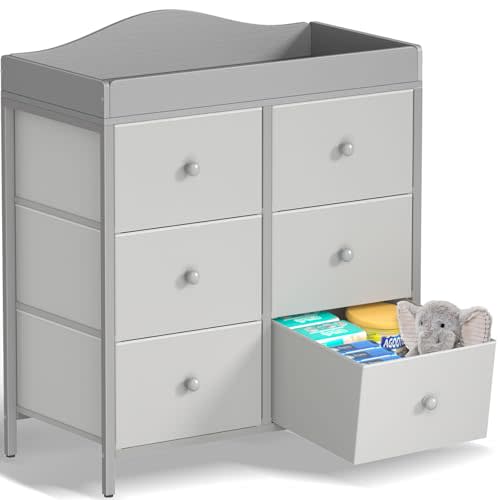 BOLUO Changing Table Dresser with 6 Fabric Drawers, Baby Dresser with Changing Table Top Diaper Changing Station with Storage for Nursery Modern Grey