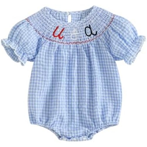 FIOMVA Toddler Baby Girl Clothes Summer Smocked Bubble Romper Embroidery Onesie Short Sleeve Bodysuit Cute Outfits