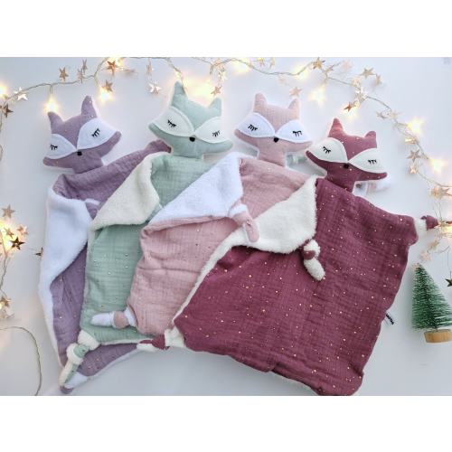Fox Baby Comforters – Dusty Pink, Mulberry, Mint, Lilac Double Gauze & Minky Lovey, Security Blanket