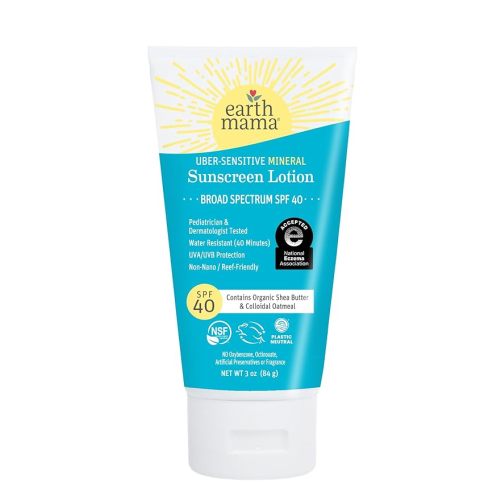 Earth Mama Uber-Sensitive Mineral Sunscreen Lotion SPF 40 | Reef Safe, Non-Nano Zinc, Contains Organic Colloidal Oatmeal | Steroid-Free Eczema Cream for Baby, Kid & Family, 3-Ounce
