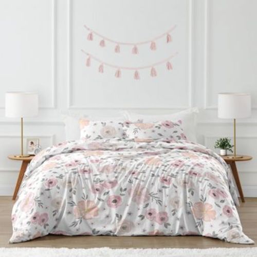 3pc Watercolor Floral Full/queen Kids' Comforter Bedding Set Pink And Gray - Sweet Jojo Designs