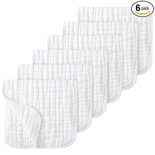 Looxii Muslin Burp Cloths Baby Girl 6 Pack - 20" x 10" - Ultra Soft & Absorbent, 6-Layer 100% Cotton for Spit Up & Drool- Gentle Baby Burping Cloth, Newborn Essentials Shower Gift Girl, White
