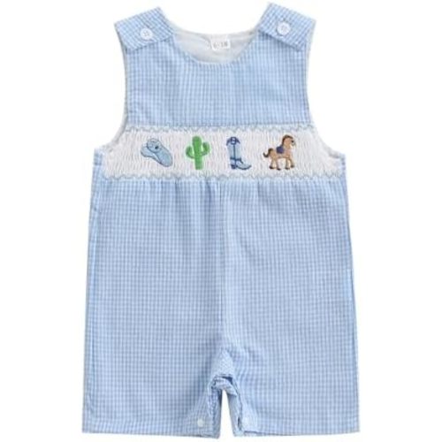 Toddler Western Baby Boy Clothes Horse Riding Embroidery Smocked Jumpsuit Sleeveless Romper Spring Summer Outfit