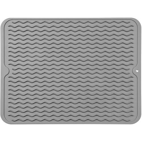 Silicone Dish Drying Mat for Multiple Usage,Easy clean,Eco-friendly,Heat-resistant Silicone Mat for Kitchen Counter or Sink,Refrigerator or Drawer liner Grey L 16 inches x 12 inches