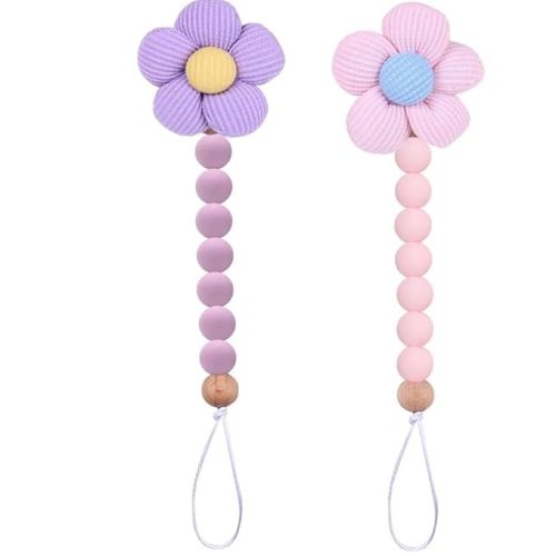 2pcs Flower Pacifier Clip, Silicone Bead Pacifier Clip for Baby Girls and Boys with Beige Brown Color Daisy Birthday Christmas Gift