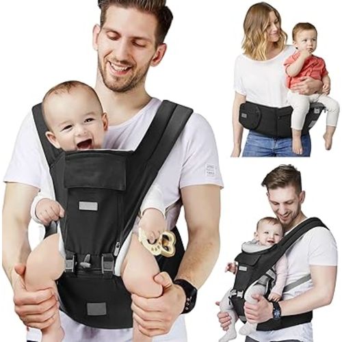 Baby Carrier Newborn to Toddler with Hip Seat, Soft 6-in-1 Ergonomic All Positions Infant Carrier 7-33 Ib with Hood and Multiple Pockets for All Seasion Use for Dad and Mom Black