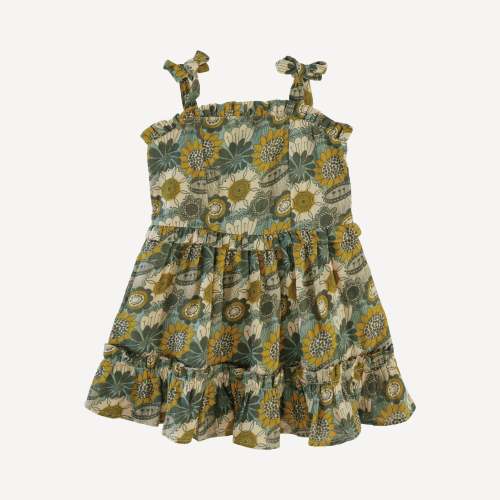 spaghetti tie ruffle dress | honey mustard flower doodles | organic cotton gauze