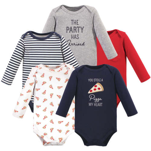 Hudson Baby Infant Boy Cotton Long-Sleeve Bodysuits 5 Pack, Pizza 03 Months