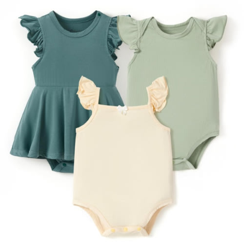 PATPAT Baby Girl Bodysuits - Soft Bamboo Viscose - Flutter Sleeves Cute Dress - Newborn Infant Summer Clothes - 3 Pack