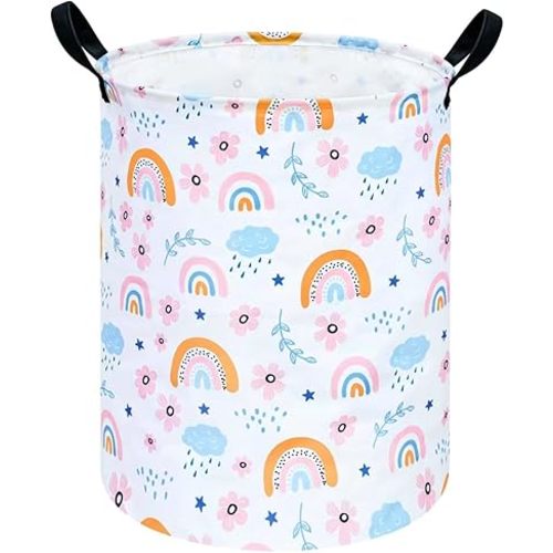 Kids Laundry Basket Storage Basket Waterproof Canvas Clothes Laundry Basket Cute Cartoon Baby Nursery Hamper for Kids Room Toy Organizer Girls Room Decor (Rainbow)