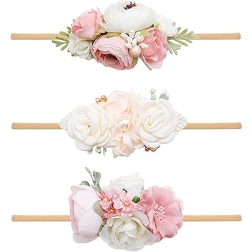 Baby Girl Nylon Headbands Flower Hair Bows Accessories-Elastic Hair Band Crown Handmade FLoral Wraps Birthday Gifts for Girls Newborn Infant Toddler 3Pcs