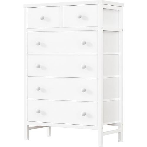 BOLUO White Chest of Drawers for Bedroom Dresser with 6 Drawer Fabric Dressers for Closet Girls Modern