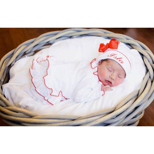 Baby Girl Coming Home Outfit-June Front Ruffled Pima Footie-White with Red Trim-Baby-First Valentine -Christmas-Baby Girl Footie