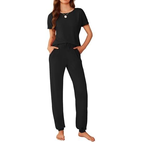 Ekouaer Womens Pajama Sets Short Sleeve Lounge Sets for Women Printed Jogger Pajama Set 2 Piece Pj Sets With Pockets S-XXL