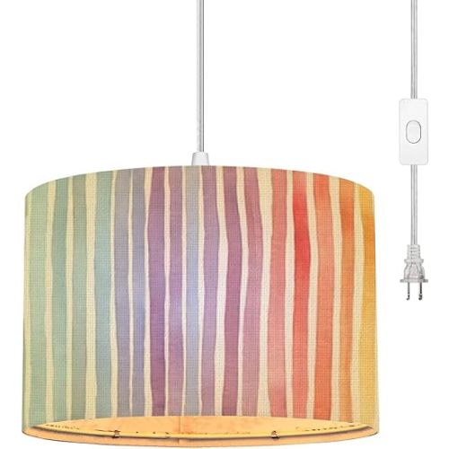 Plug in Pendant Light splattered rainbow hand drawn watercolor ink good for Boho Hanging Lamp with Plug in Cord 16.4 ft Dimmable Switch Fabric Shade Hanging Light for Living Room Nursery Bedroom