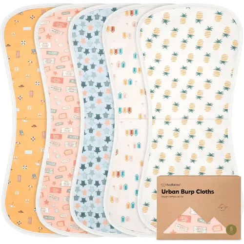 Organic Burp Cloths Baby Boy & Girl - 5-Pack Super Absorbent Cotton Burping Cloths for Babies, Soft & Plush Newborn Spit Up Rags, Infant Towels for Milk Spit Up, Unisex, Large 21" x 10" (Beach Day)