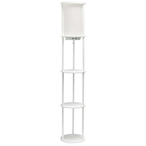 Simple Designs 62.5" Round Modern Shelf Etagere Organizer Storage Floor Lamp with 2 USB Charging Ports, 1 Charging Outlet and Linen Shade for Living Room Bedroom Office, White