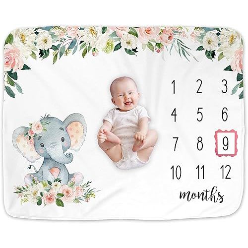 Girl Elephant Baby Monthly Milestone Blanket, Safari Elephant Baby Growth Chart Month Blanket, Watch Me Grow Baby Girl Floral Elephant Nursery Gift for New Moms Baby Shower, Includes Marker (50"x40")