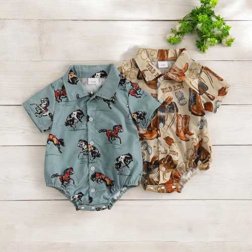Baby Boys Girls Western Rompers, Newborn Short Sleeve Casual Cowboy Jumpsuit, Infant Matching Bodysuit, Baby Summer Outfit Gift
