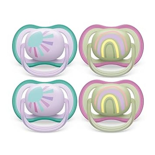 Philips Avent Ultra Air Pacifier - 4 x Light, Breathable Baby Pacifiers for Babies Aged 0-6 Months, BPA Free with Sterilizer Carry Case, SCF085/51 - Lilac Sun / Green Rainbow