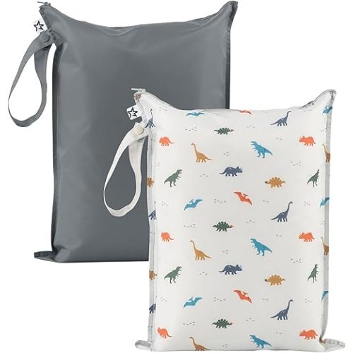 Tiny Twinkle Mess-Proof Waterproof Wet Dry Bag | 2 Pack Reusable for Swimsuits, Gym & Baby Clothes | Leakproof Wet Clothes Bag, Beach Travel Essentials (Dinosaur)