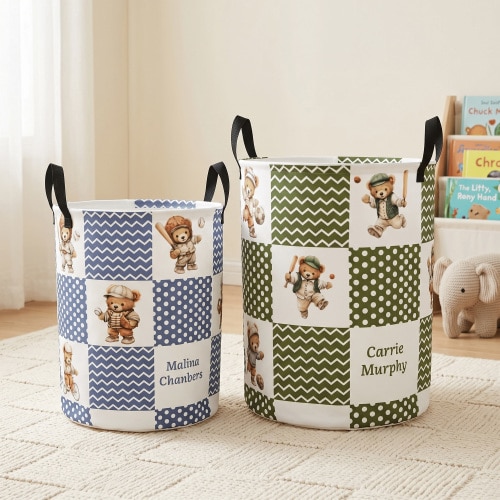 Personalized Sports Teddy Bear Polka Dot Large Capacity Laundry Basket with Name and Handle Nursery Decor Birthday Gift for Kids - CALLIE
