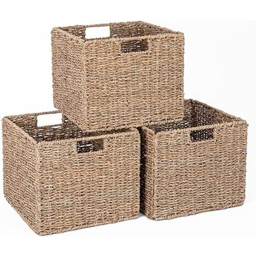 Seagrass Storage Baskets, 12X12X10in Cube Wicker Storage Basket for Shelves, Pantry Baskets Organization and Storage, Kitchen Storage Baskets, Bathroom Shelves Storage Basket Set of 3