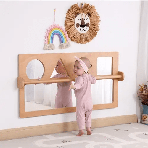 Baby Early Learning Shatter-Resistant Safety Mirrors w/Pull Up Bar, Infants Exploration Set, Toddlers Montessori Classroom Furniture for Daycare, Preschool and Nursery (Natural, Standard)
