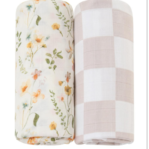 LifeTree Muslin Swaddle Blankets for Baby Girl, 2-Pack 70% Viscose from Bamboo and 30% Cotton Large Swaddle Blankets (47" x 47"), Floral & Dusty Pink Checkered