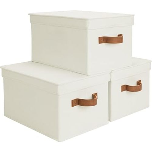 StorageWorks Storage Basket with Lid, Decorative Storage Boxes with PU Handles, Stackable Fabric Storage Bins for Closet, Shelves, Ivory, Large, 3-Pack