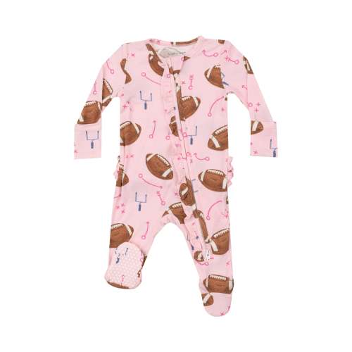 2 Way Zipper Footie - Footballs Pink