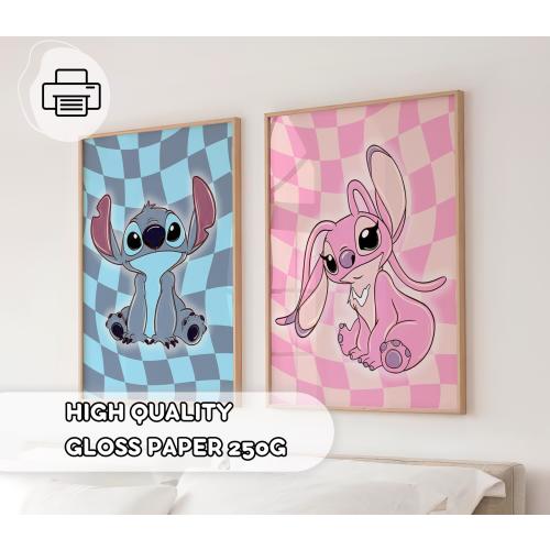 2 Modern Stitch & Angels Prints - Stitch Checkered Posters, Lilo and Stitch, Ohana Means Family, Kids Room Decor, Playroom, Nursery Decor