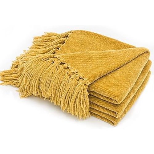 RECYCO Throw Blanket Soft Cozy Chenille Throw Blanket with Fringe Tassel for Couch Sofa Chair Bed Living Room Gift (Mustard Yellow, 50'' x 60'')