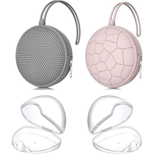 Smlpuame 4 Pack Pacifier Holder Case Set,2 Silicone Portable Pacifier Cover Pouch Bag for Diaper Bags Baby Carriage with 2 Transparent Pacifier Storage Container Box,Easy to Clean,(Pink & Grey)
