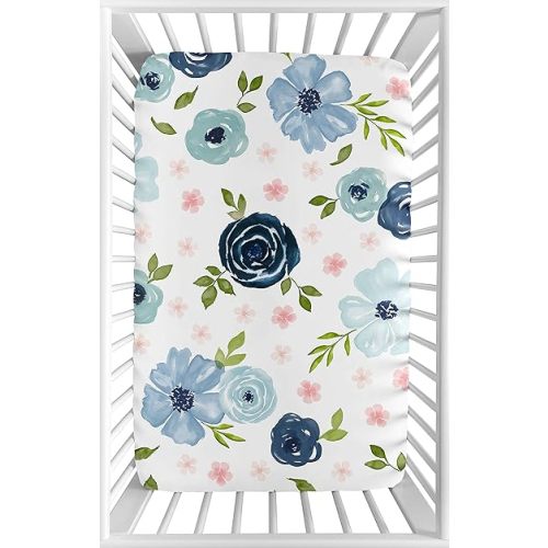 Sweet Jojo Designs Navy Blue and Pink Watercolor Floral Girl Fitted Mini Crib Sheet Baby Nursery for Portable Crib or Pack and Play - Blush, Green and White Shabby Chic Rose Flower