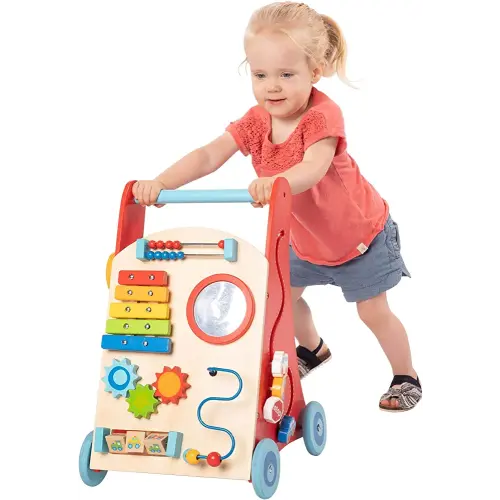Fat Brain Toys Busy Baby Deluxe Walker - Wooden Early-Learning Activity Toy, 18 mos+