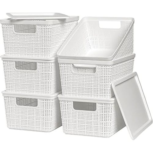6 Pack Plastic Storage Baskets With Lids,White Breathable Stackable Storage Bins,Small Storage Containers,for Organizing Storage Baskets on Desktops,Closets,Playrooms,Classrooms,Offices